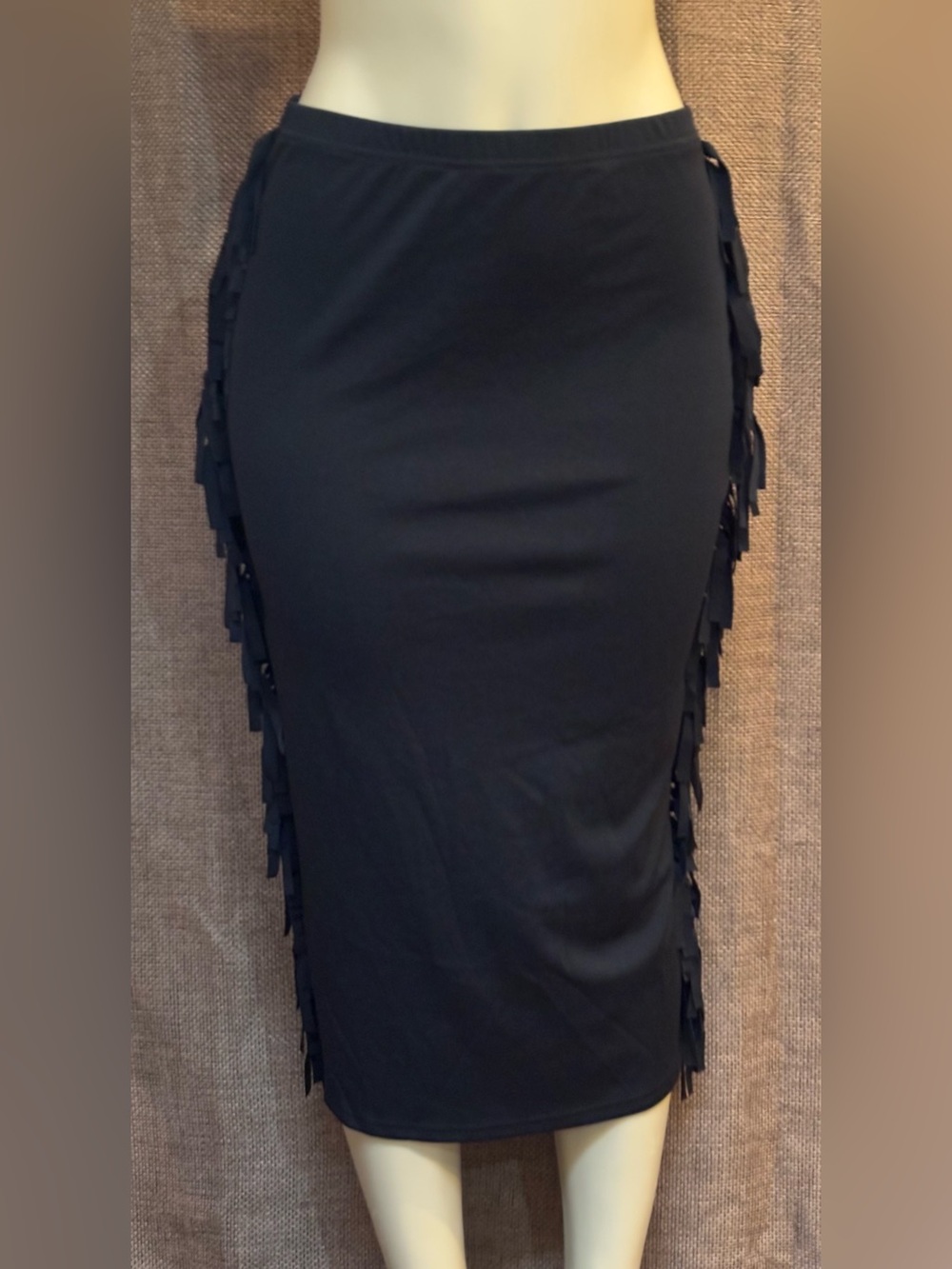 Black Fringe-Trim Stretch Pencil Skirt